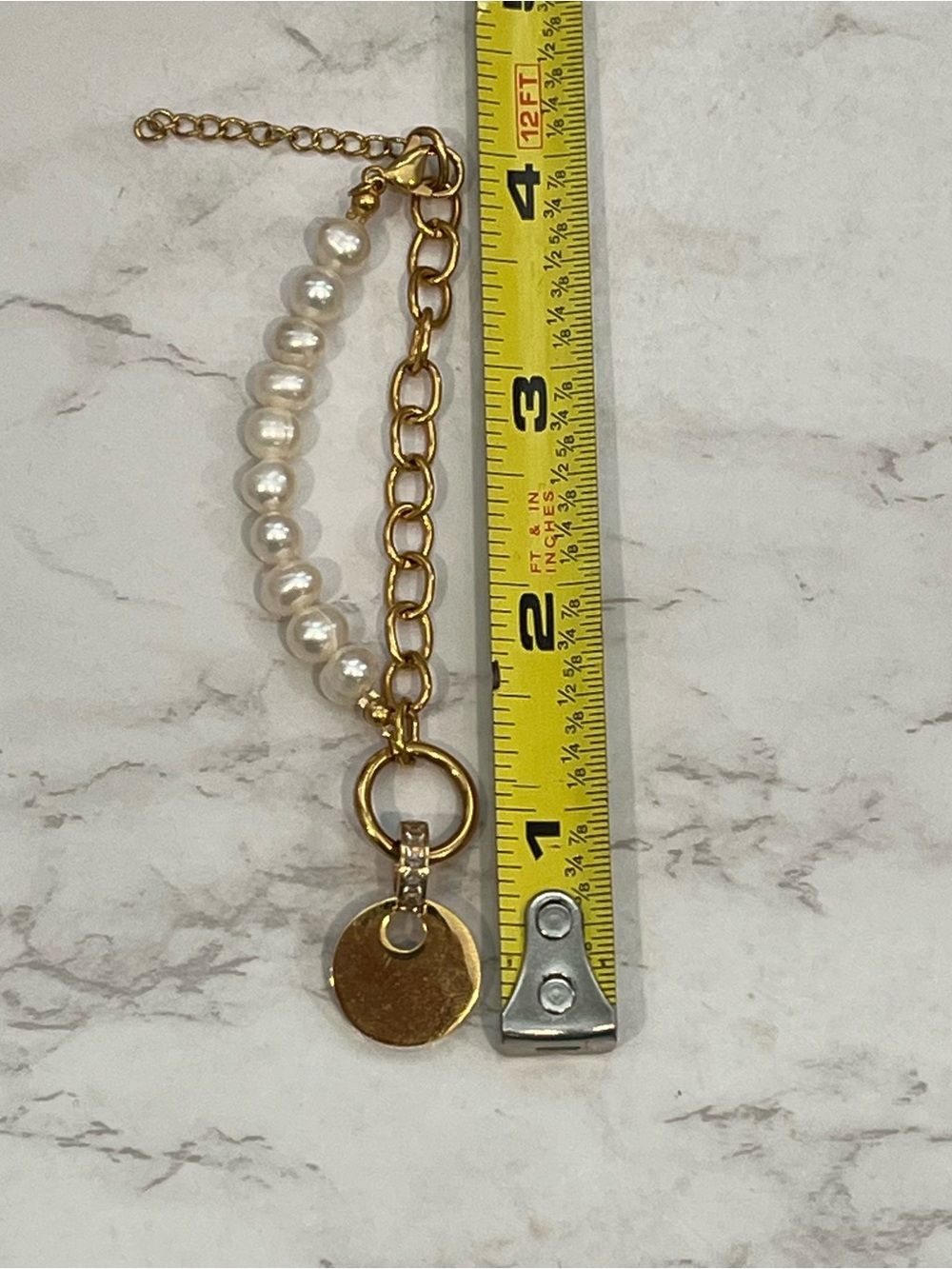 CH Monogram Charm Pearl & Chain Link Bracelet - Gold Tone 8"